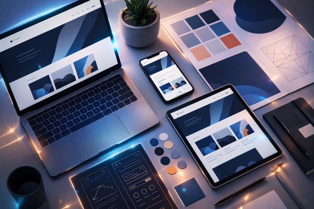 Kompleksowa identyfikacja wizualna marki na laptopie, tablecie i smartfonie – nowoczesny web design.